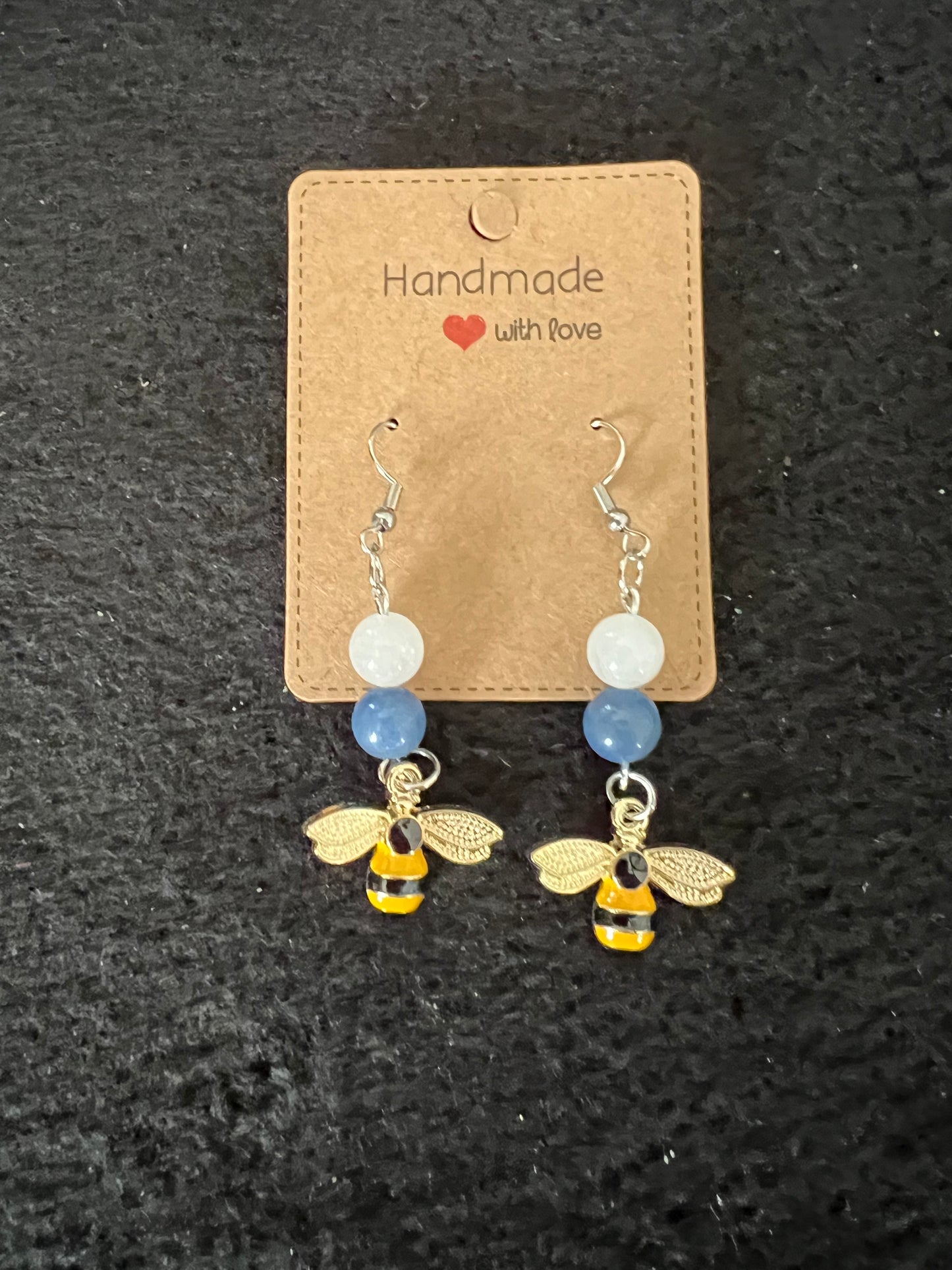Jewelry - Metal Bees with Slate Blue and White beads