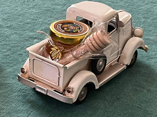 Truck - Antique model White truck with 1.5 oz jar of natural Honey with bee charm and honey wand