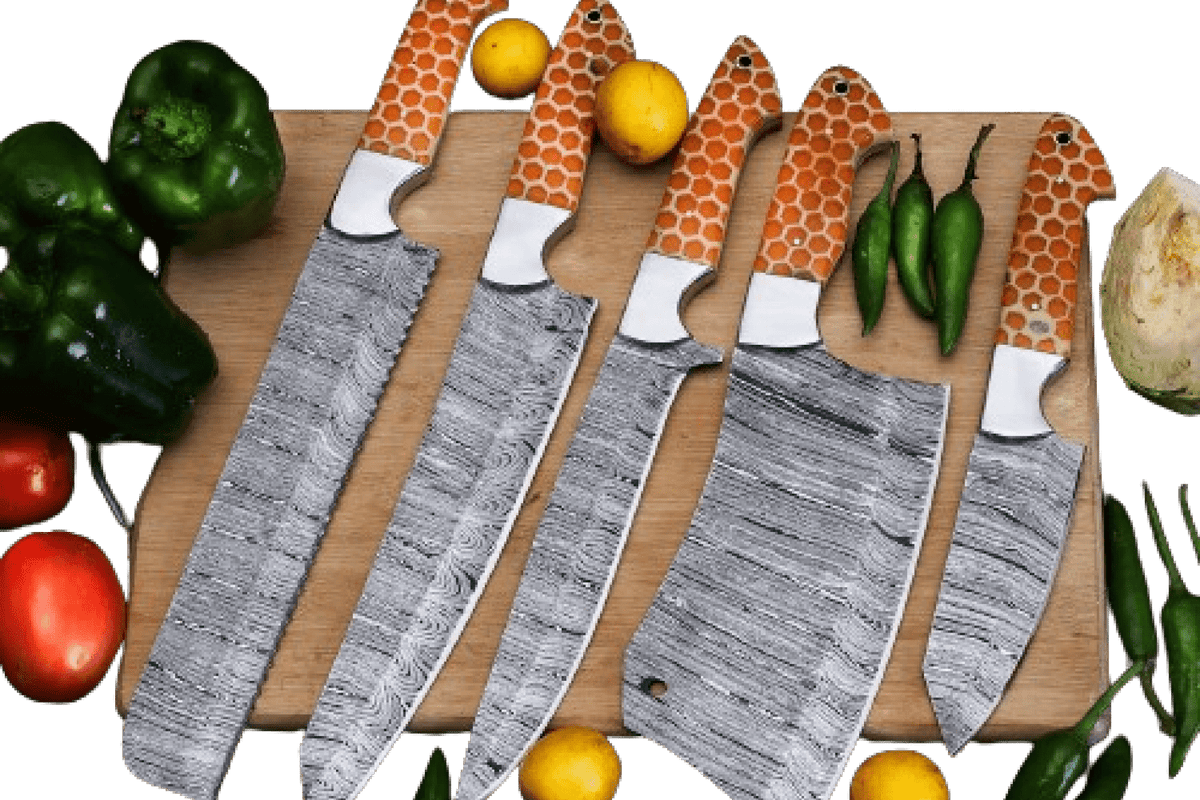 Blade Smith - Custom Honey Comb Handle Damascus Steel Kitchen 7 Knife Set