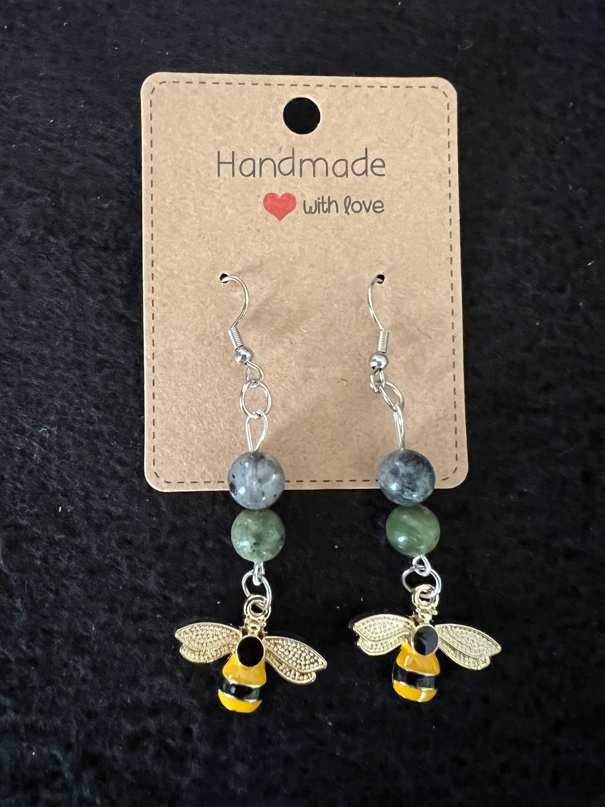 Jewelry - Metal Bees with dark green and grey Beads