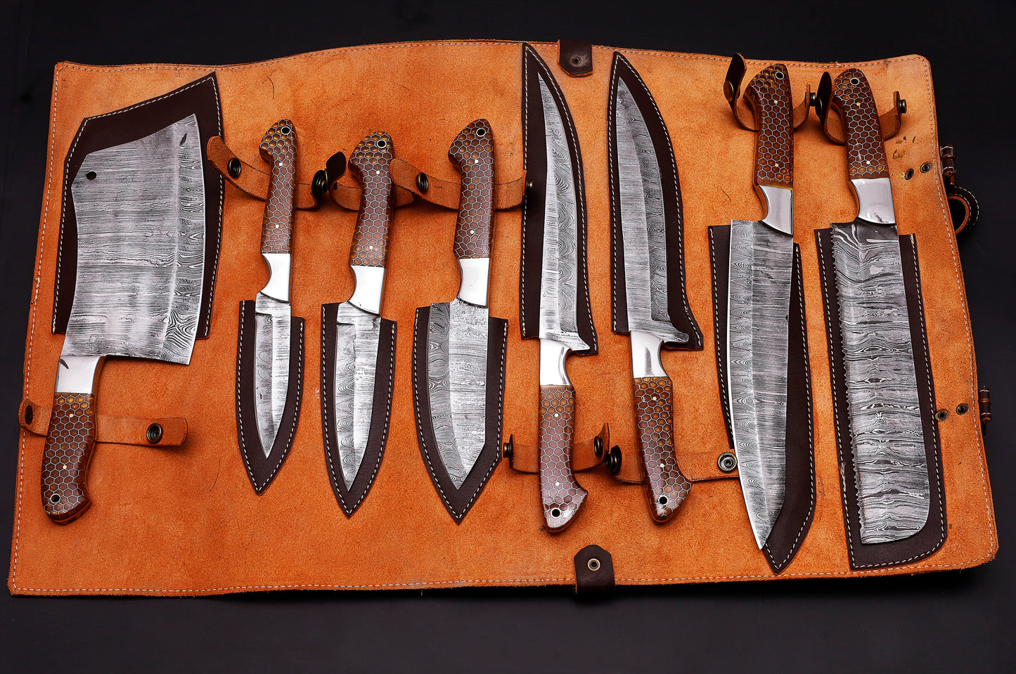 Blade Smith 8 Knife kitchen set with custom Small Pattern Honeycomb Handle