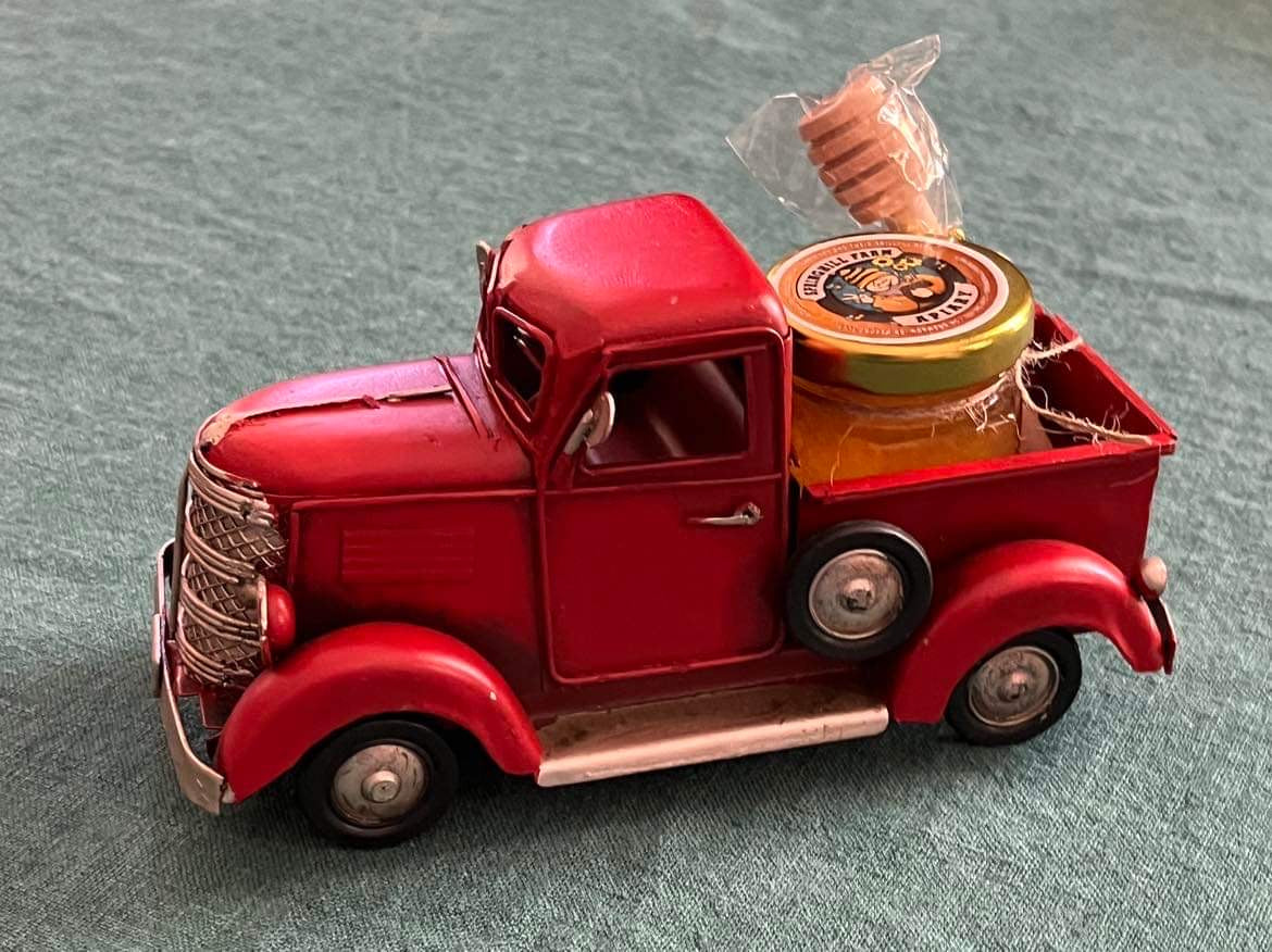 Truck - Antique model Red truck with 1.5 oz jar of natural Honey with bee charm and honey wand