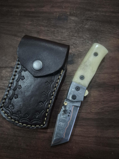 Tanto Blade Pocket Knife Under lock Camel Bone Copper