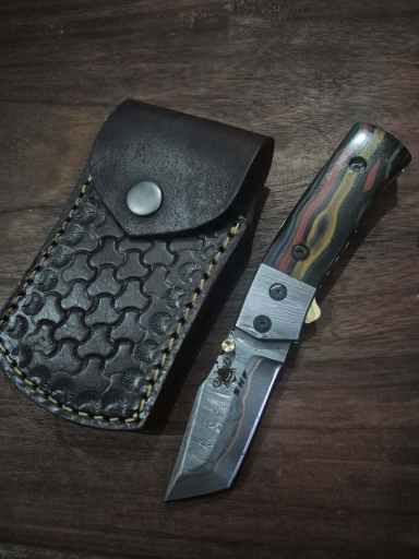 Tanto Blade Pocket Knife Under lock  Crimson Ridge Micarta