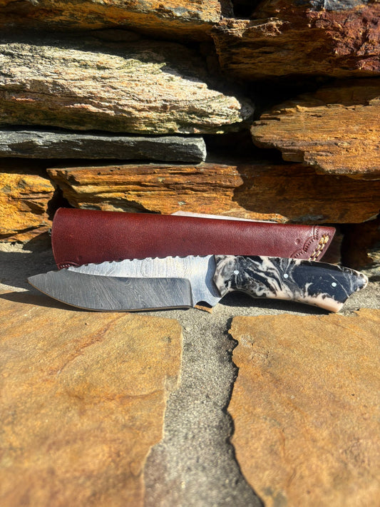 Skinning/EDC Knife - Damascus Steel Blade With Twist Pattern and File Work