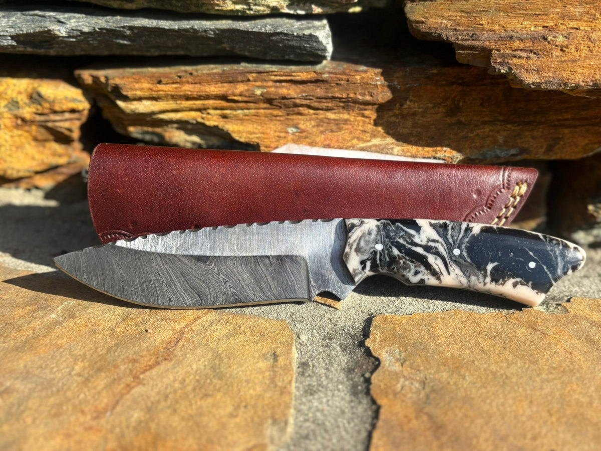 Skinning/EDC Knife - Damascus Steel Blade With Twist Pattern and File Work