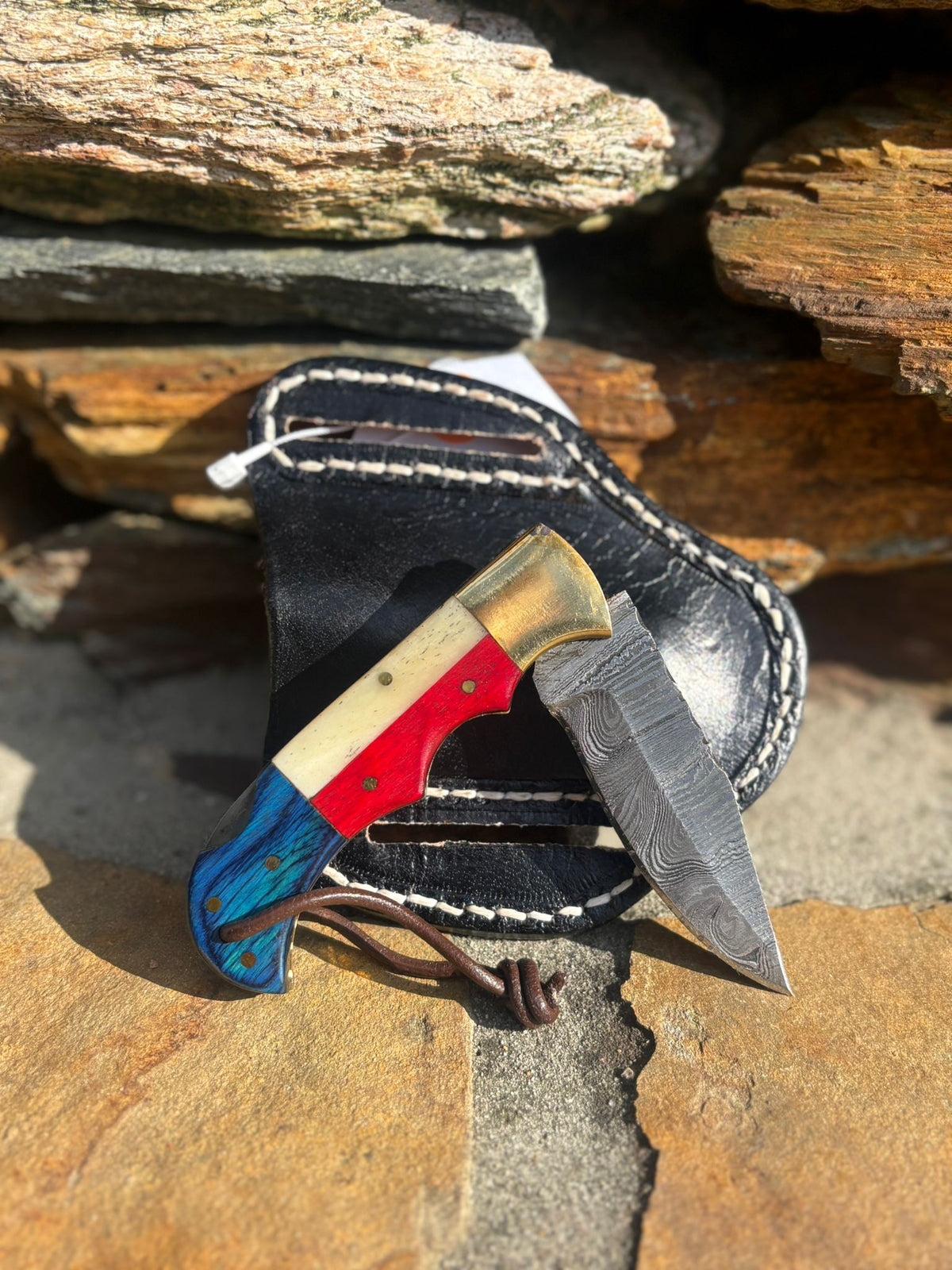 Damascus Steel Black lock Pocket Knife Patriot Handle