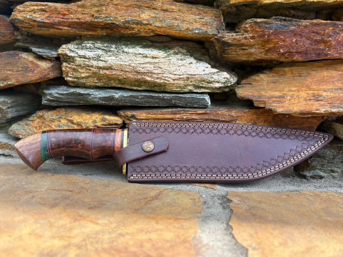 Damascus Steel Hunting Knife with File Work, Brass Guard, Hidden Tang