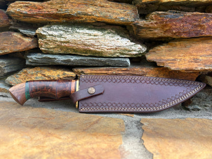 Damascus Steel Hunting Knife with File Work, Brass Guard, Hidden Tang