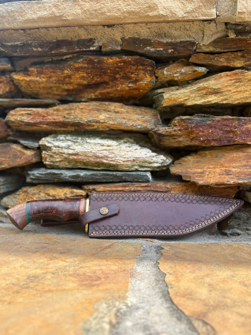 Damascus Steel Hunting Knife with File Work, Brass Guard, Hidden Tang