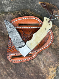 Damascus Steel Back Lock Pocket Knife Bone Handle