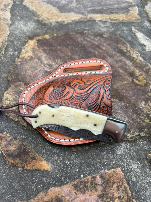 Damascus Steel Back Lock Pocket Knife Bone Handle