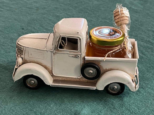 Truck - Antique model White truck with 1.5 oz jar of natural Honey with bee charm and honey wand