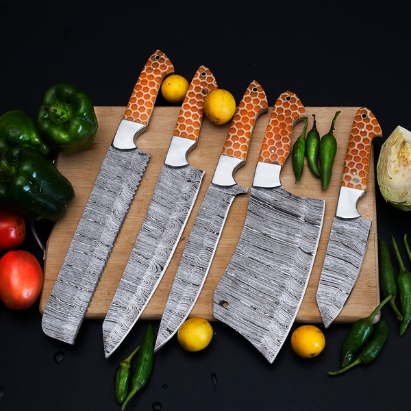 Blade Smith - Custom Honey Comb Handle Damascus Steel Kitchen 7 Knife Set