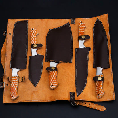 Blade Smith - Custom Honey Comb Handle Damascus Steel Kitchen 7 Knife Set
