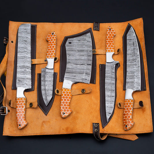 Blade Smith - Custom Honey Comb Handle Damascus Steel Kitchen 7 Knife Set